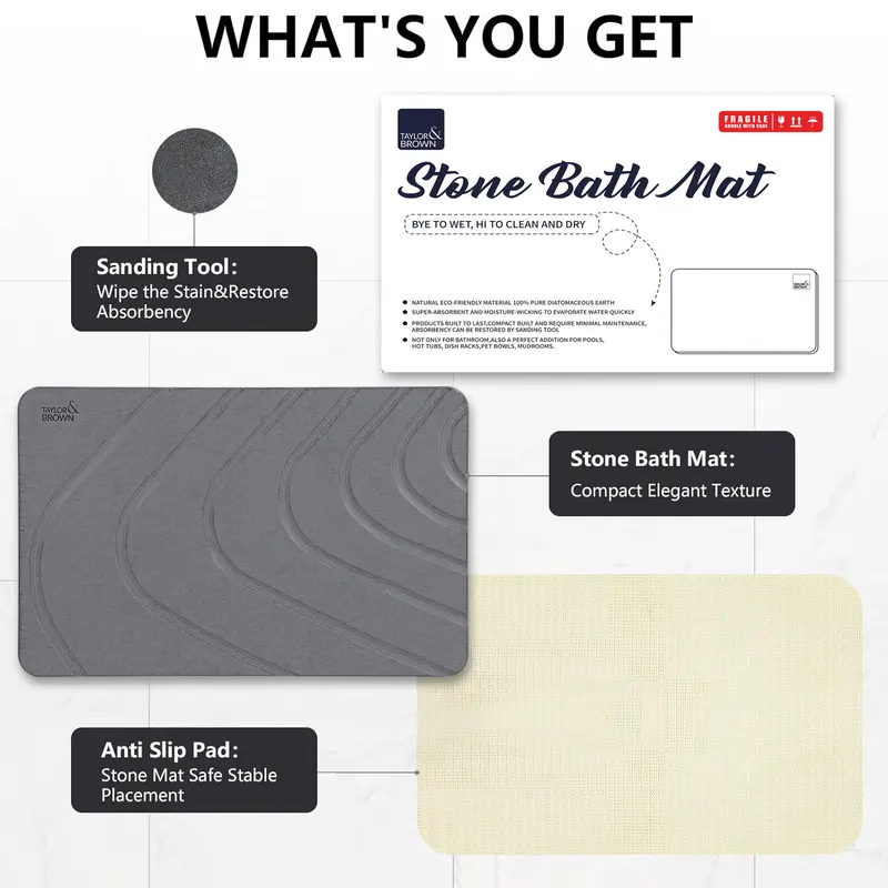 Stone Bath Mat Diatomaceous Earth Bathroom Shower Wudu Floor Mat Non-Slip Super Absorbent Quick Dry Floor Kitchen Anti Mould Antibacterial Natural Easy to Clean 60x39cm 5