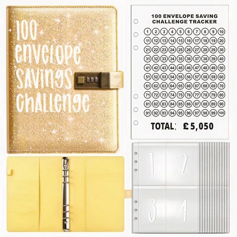 100 Envelope Saving Challenge Binder with Lock,1 Count Budget Planner Notebook, Shinny Money Saving Challenge Book, Secure 3-Digit Lock, Save in Pounds with Cash Tracker, Holiday & Christmas Gift, Teacher Gifts, UK Savings Book, New Year Gift for Saving 8