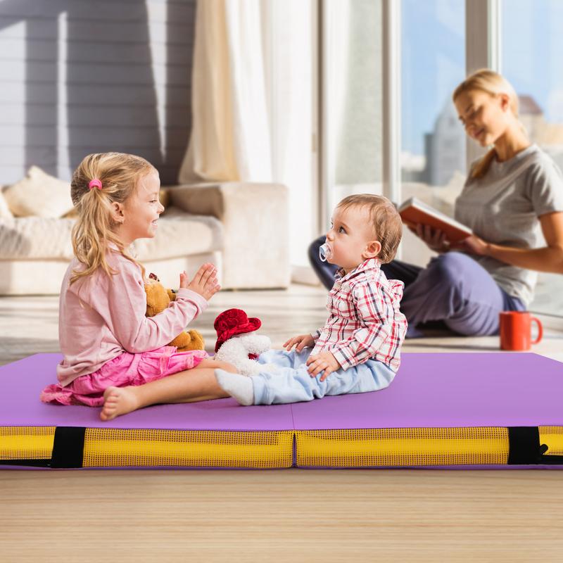 COSTWAY Folding Gymnastic Mat with PU Leather Cover and Carrying Handles 2