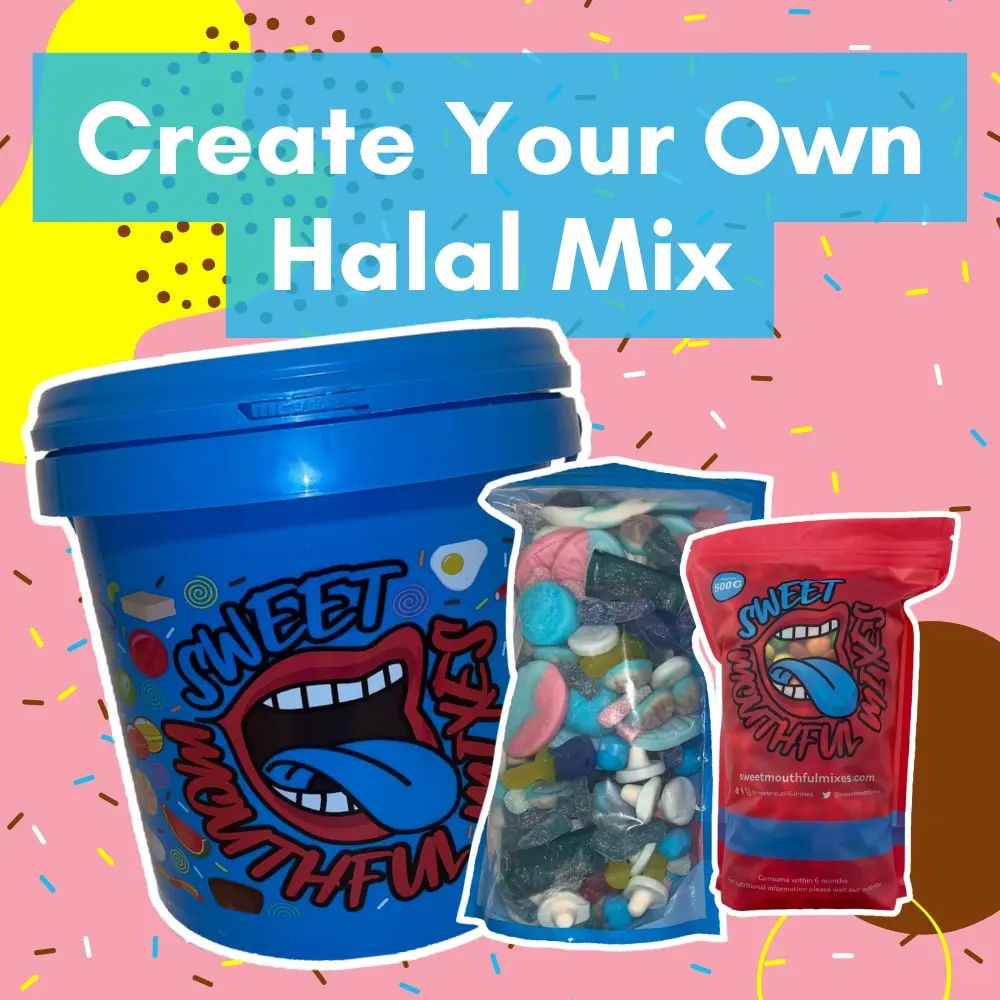 Create Your Own Halal Mix Sweets | Choose from 500g (5 sweets), 1kg (10 sweets), or 5kg (50 sweets) | Minimum of 5 Selections at 100g Each | All Items Added to Your Basket Will Be Bagged in a Colourful Resealable Pouch or 5kg Bucket