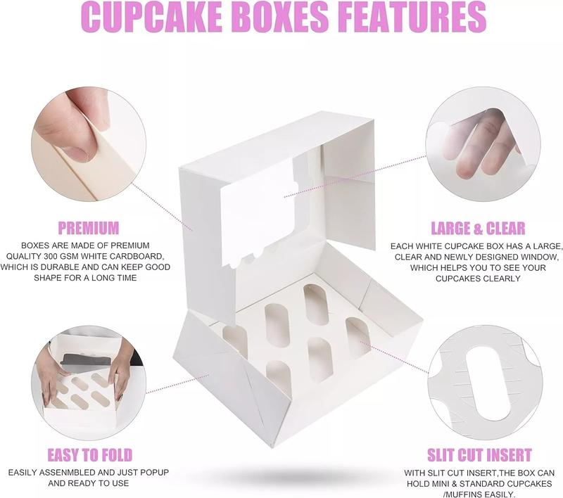 10 x Cupcake Boxes 6 Hole EXTRA DURABLE Cardboard Auto Popup Muffin Boxes Transparent Window 1