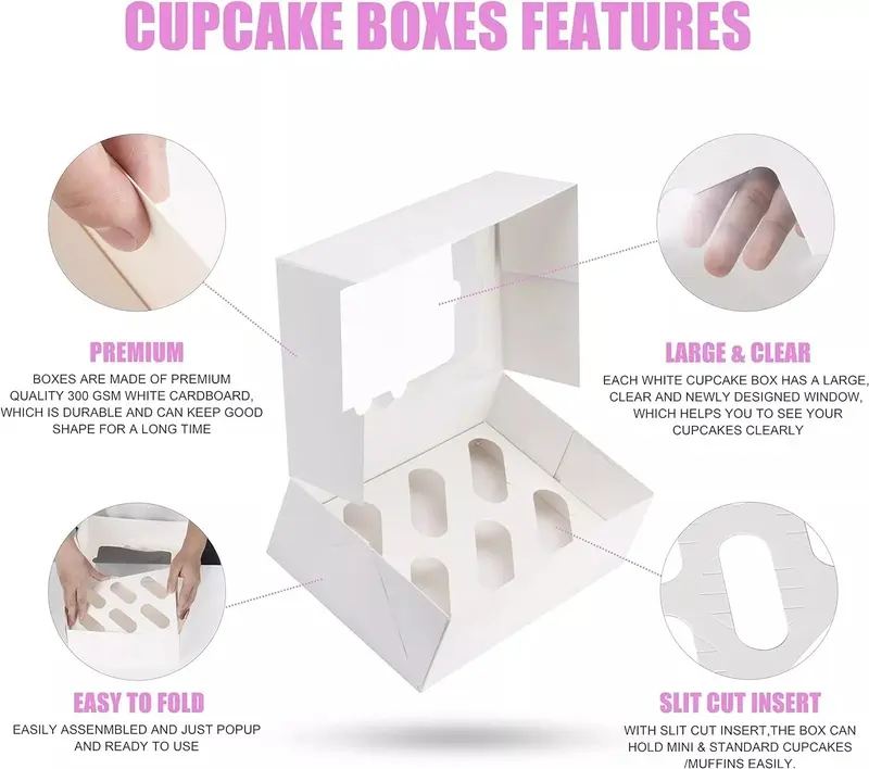 10 x Cupcake Boxes 6 Hole EXTRA DURABLE Cardboard Auto Popup Muffin Boxes Transparent Window 1