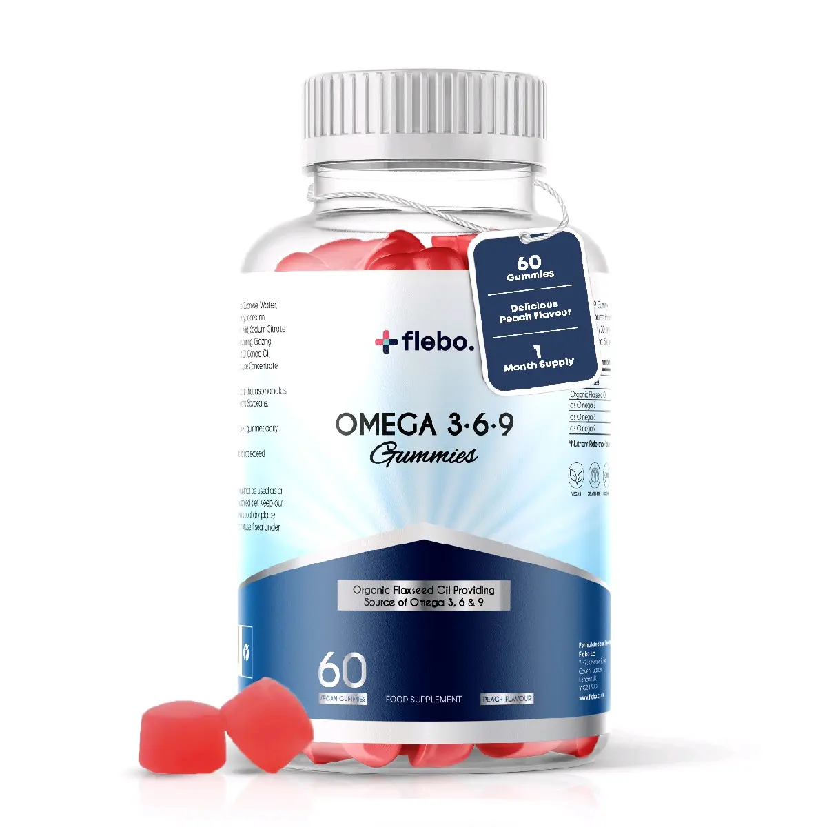Flebo Vegan Omega 3 Gummies, Natural Peach Flavour, Supports Heart, Brain & Eye Health, 60 Two-a-Day Vitamin Gummies - Fitness, Healthcare Supplement Dietary