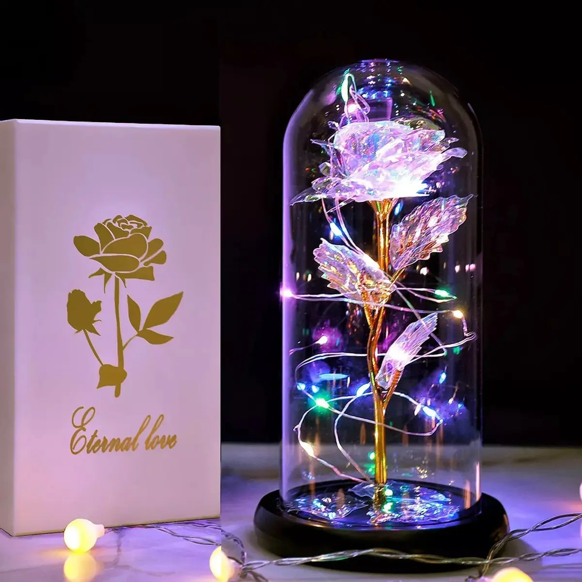 Preserved Flower Rose in Glass Dome Birthday Gifts Women Mom Wife Christmas Gift Beauty and the beast rose a beautiful clear rose with  colored accents highlighted by fairy lights under a smooth dome of glass. Décor Decorative Ornaments Plants Fruit