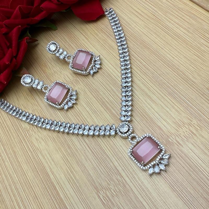 AD138 Baby Pink White Stone American Diamond Necklace Earrings Set Pendant Style 1