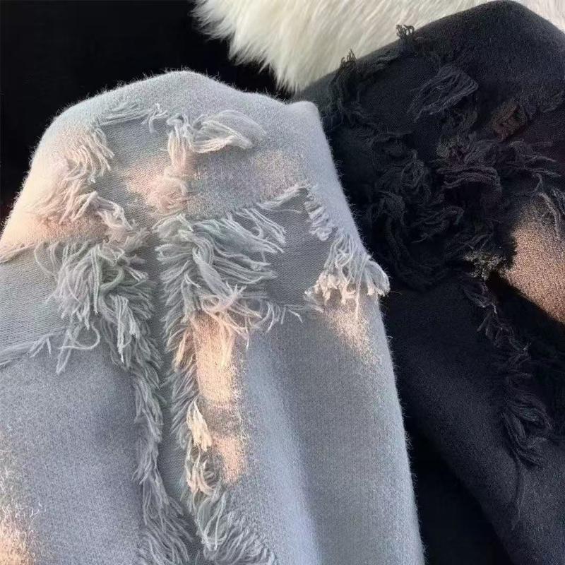 2025 Autumn and Winter Sweater Men's New Retro Ripped Tassel Loose All-match Knitted Sweater Pullover Long Sleeve Pullover Knitwear Menswear Tops Longsleeves Crewneck Round Neck Lawn Beige Casual Plain 2