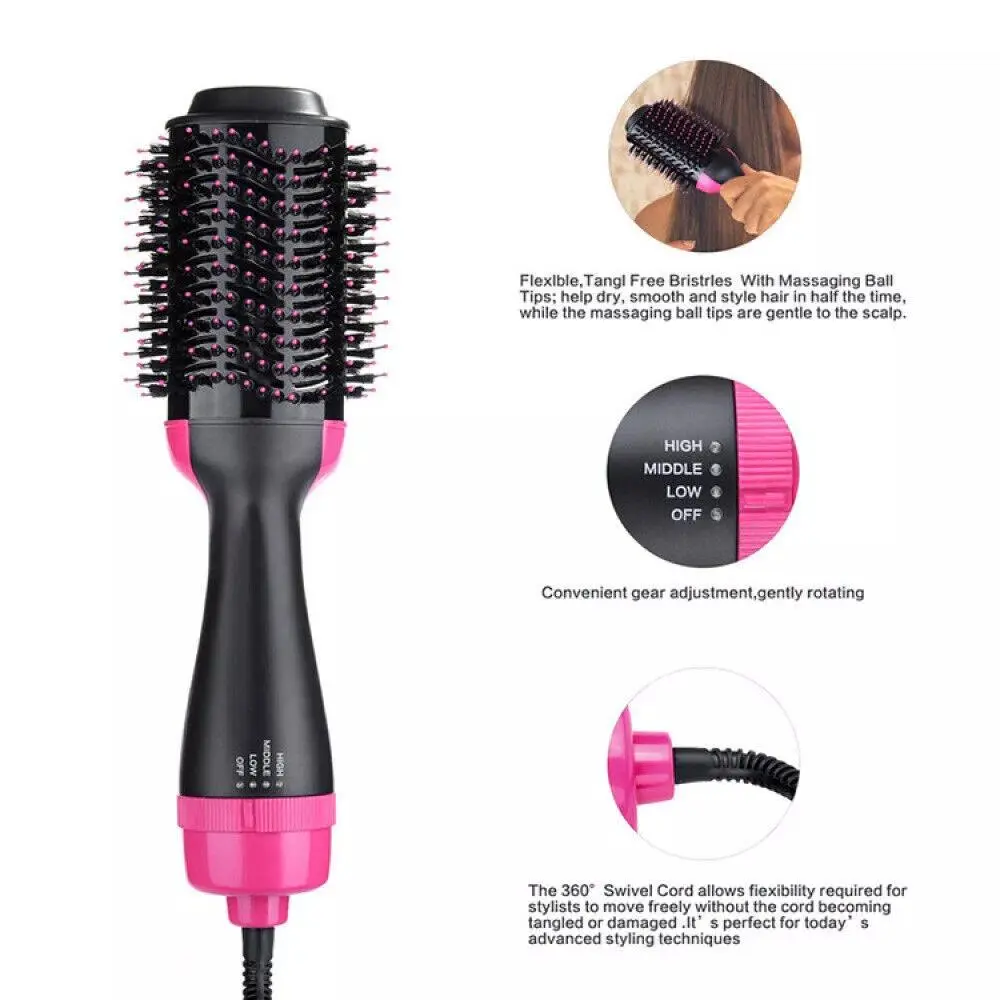 4 in 1 Hot Air Brush Electric Hair Dryer Straightener Curler Styler Comb Volumizer Lightweight Color Handle Plug Comfort