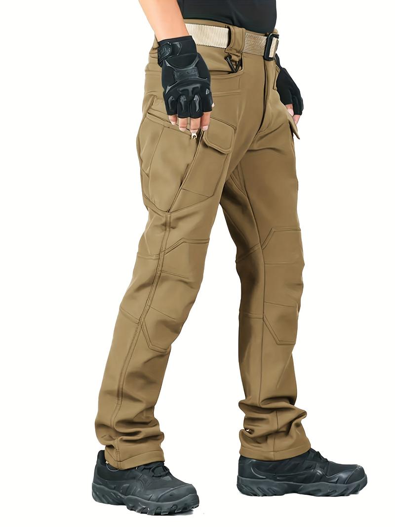 Product Introduction of Men's Solid Color Thermal Cargo Pants, Slightly Stretch Multiple Pockets Design Pants For Winter Outdoor Activities Menswear Trouser Plain Beige 11