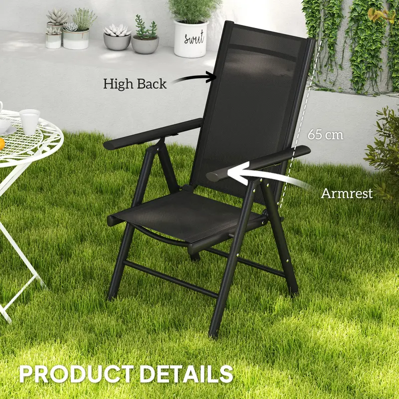 Outsunny Set of 2 Folding Chair, Aluminium Frame Outdoor Camping Chairs with Breathable Mesh Back and Seat, Garden Chair Set with Armrests for Balcony, Black 6