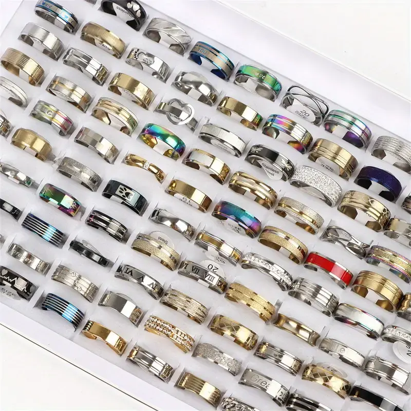 10Pcs/Lot Heart Letter Stripe Rhinestones Rings - Durable Stainless Steel Construction, Trendy Mix-and-Match Style - Perfect for Wedding, Engagement, Anniversary, Party Gifts and More 2