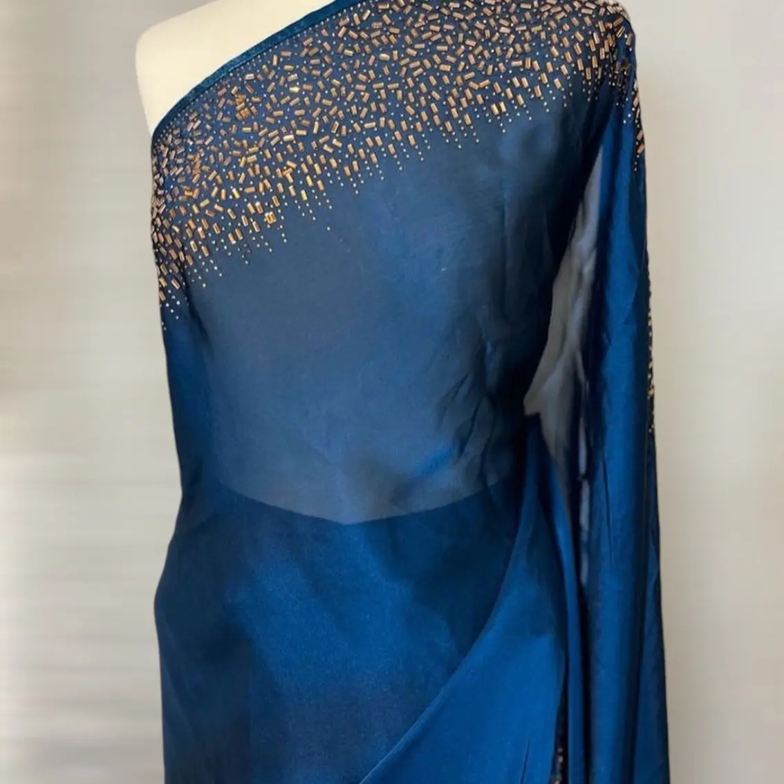 Petrol Blue Satin Saree for Women - Casual and Elegant - Womenswear