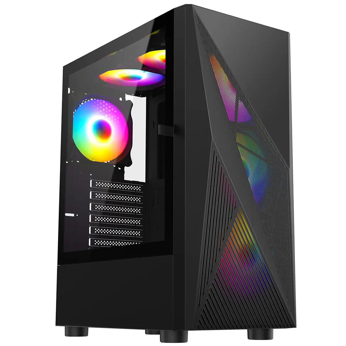 CIT Falcon Gaming PC Case ATX Mid Tower 6 x ARGB Ring Fans, Mesh Front, Tempered Glass Side Panel