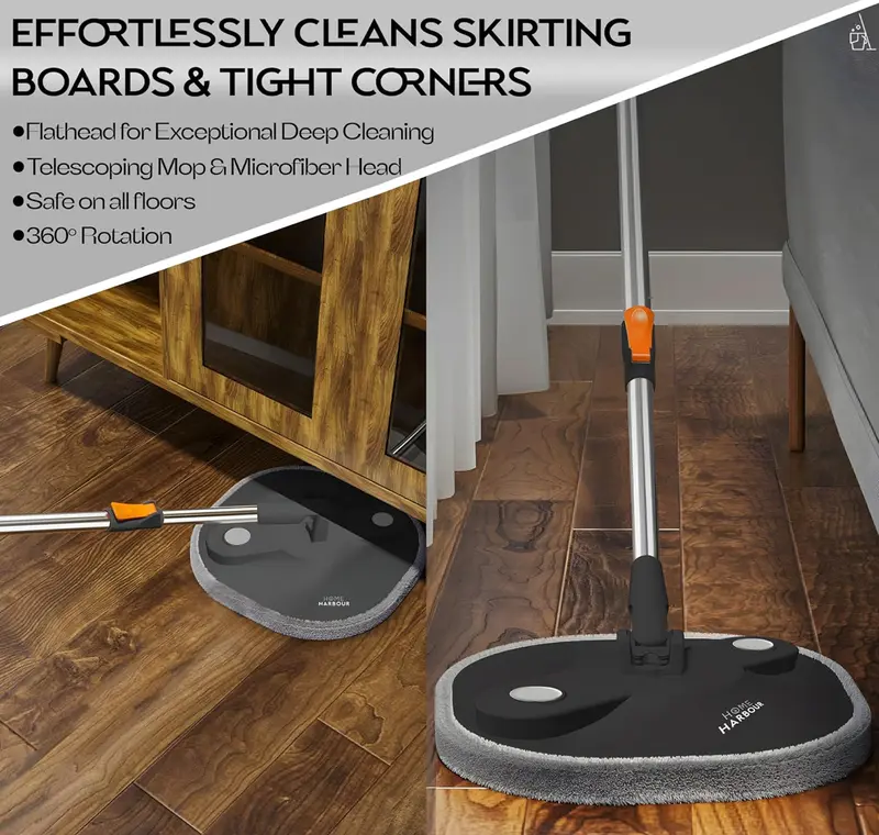 Home Harbour HH2 Spin Mop And Bucket Set 360 Spinning Wet & Dry Water Separation Wringing System Rotating Cleans Laminate, Wood & Tile Flooring With 2 Microfibre Mop Head Refills Adjustable Handle 4