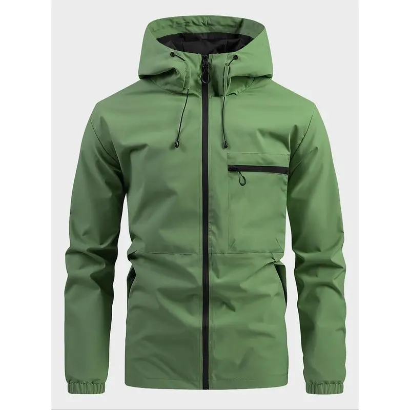 Men's Solid Pocket Drawstring Hooded Jacket, Regular Fit Zip Up Jacket, Stylish Outfit for Spring & Fall, Windbreaker for Men, Menswear, Men's Tops, Mens Clothing,  Winter Coats Underwear Beige Plain 2