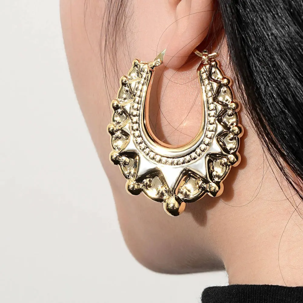 Victorian Hoops 18k Yellow Gold Filled on Steel Oval Spiked Gypsy Creole Hoop Earrings