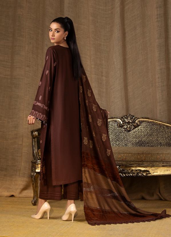Product Introduction of TL-122 - Riaz Arts Tehzeeb Embroidered Leather Peach Collection Vol-5 - 2023 - Fully Stitched - 3PC Embroidered Leather Peach Shirt & Trouser/Shalwar with Velvet Jacquard Shawl 23
