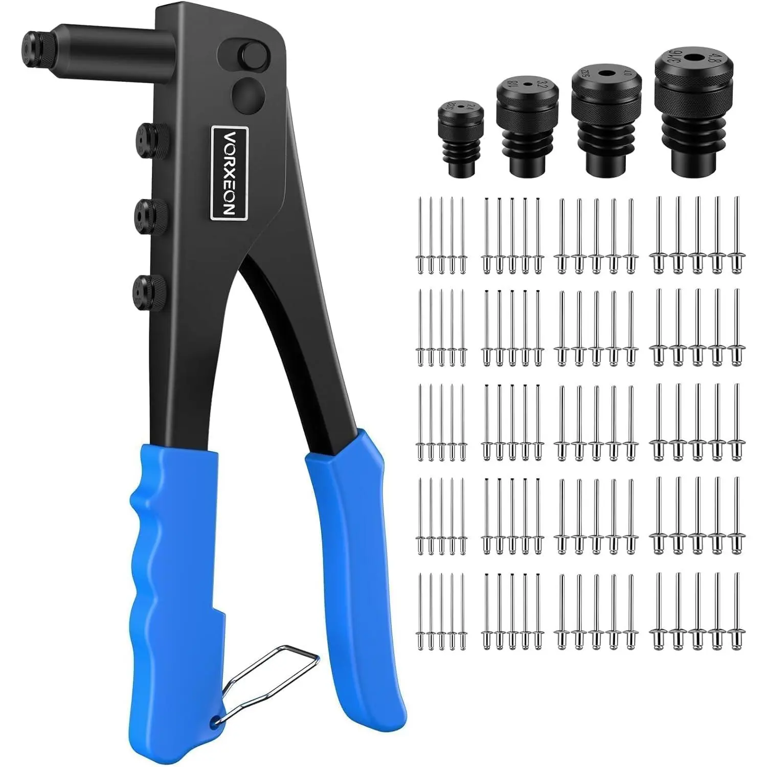 VORXEON Pop Rivet Gun Set Heavy Duty Hand Riveter Rivnut Tool with 100Pcs Rivets 2.4mm 3.2mm 4.0mm 4.8mm for Furniture Car Trailer Boat