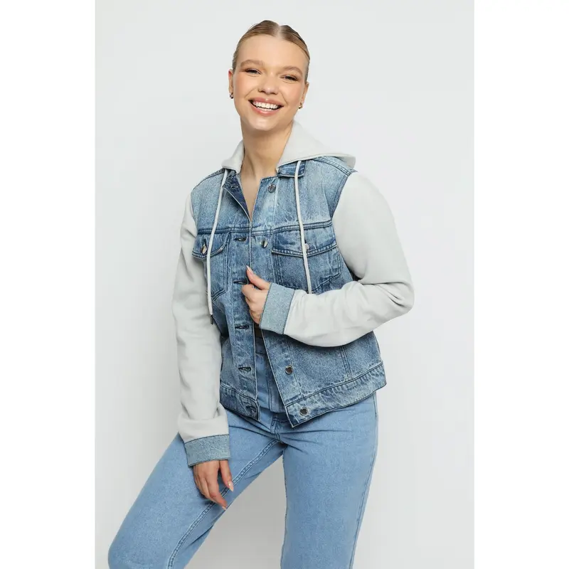 HOODED DENIM JACKET - MID BLUE 0
