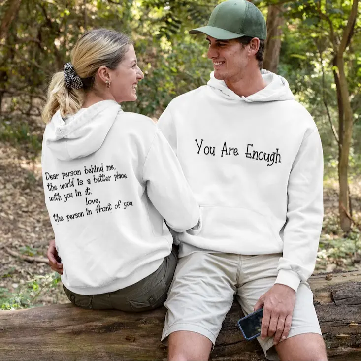 You are Enough hoodie, mindful hoodie, wellbeing , slogan hoodie, daily affirmation printed hoodie, Dear person behind me, Mental Health Cotton Fabric Menswear Pocket Soft Hem Sweaters Polyester Relaxed Fit Tops Pullover Clothing Casual Long Sleeve Ribbed 2