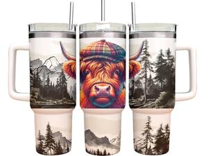 40oz Tumbler with straw- Highland Cow in the mountains -Personalised gift for him / her vacuum flask drinking cup for hot and cold drinks