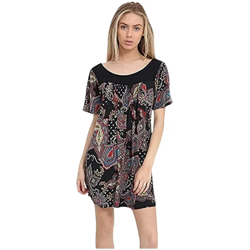 Womens Floral Print Swing Top Plus Size Ladies Fusion Paisely Print Tunic A-Line Short Sleeves Smock Dress Tunic Top 4