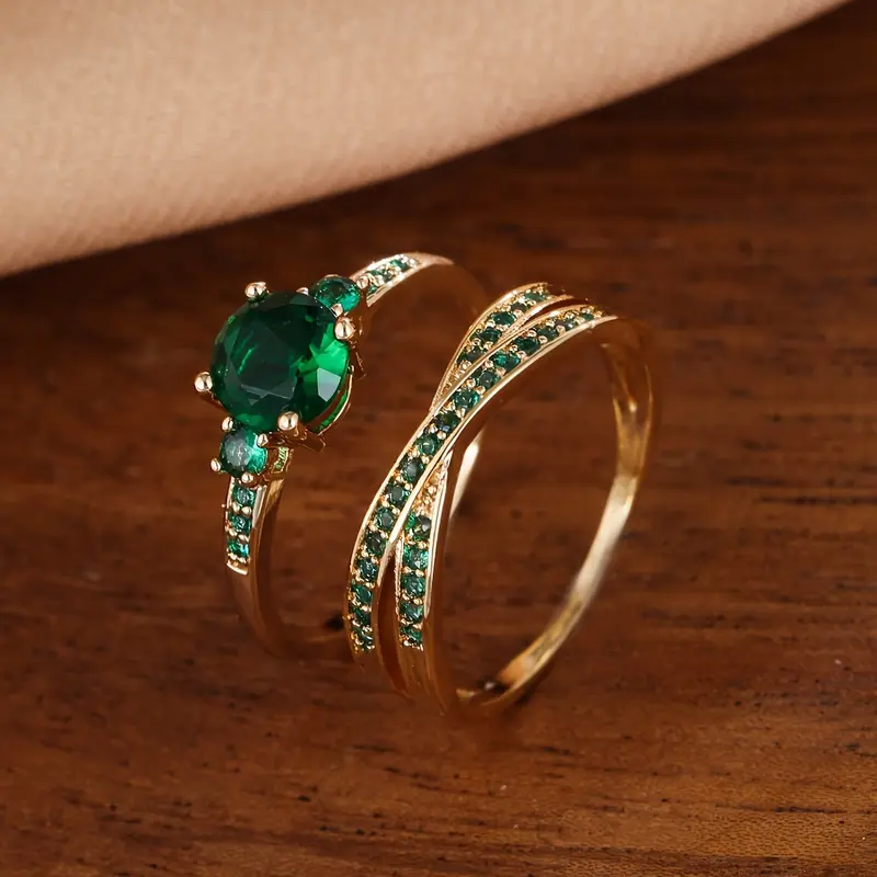 Product Introduction of Elegant Golden-Tone Ring Set with Green Gemstone and Crystal Accents – Stylish Multi-Band Design for Daily Wear or Gifting, Daily Wear Jewelry|Stacked Ring Design|Precious Metal Look 1