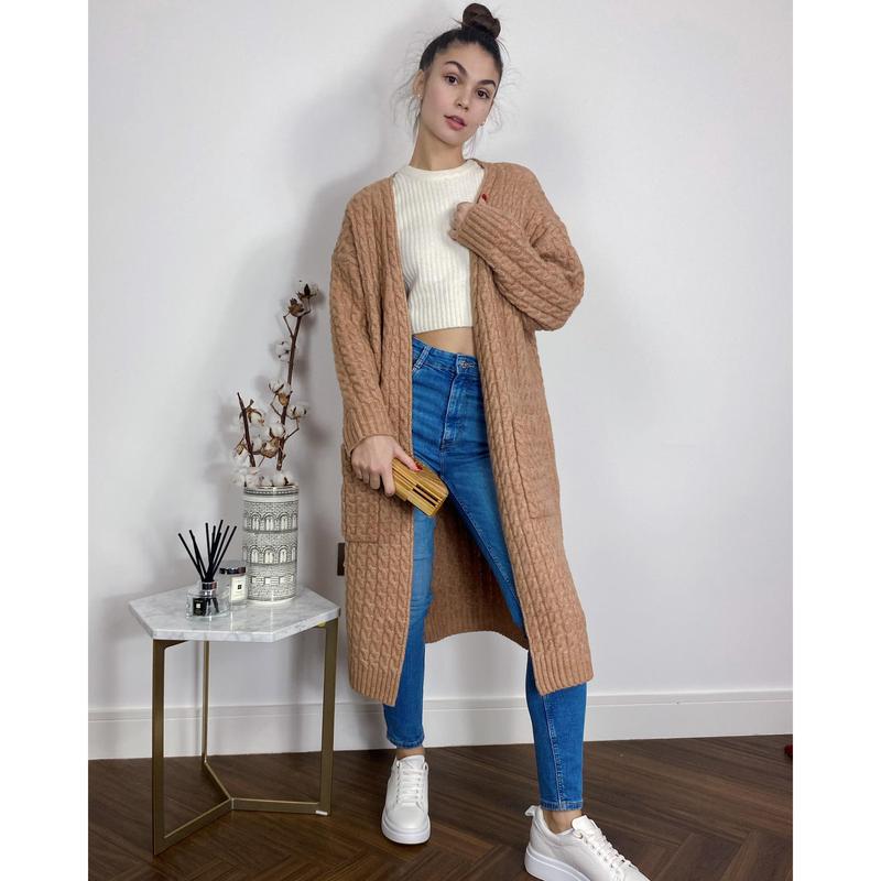 Cable knit design wool-blended long oversized cardigan in Beige 1