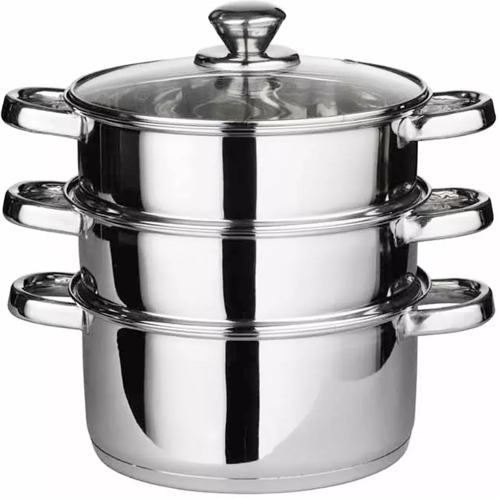 Swave 3 Tier Stainless Steel Steamer Pot Pan Cookware Set 22CM + Glass Lid - Kitchen Utensil