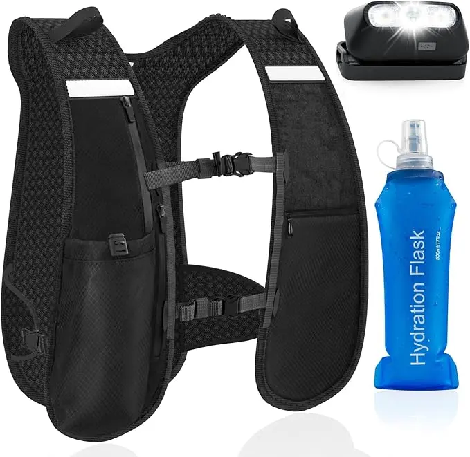 Running Hydration Vest, Lightweight Reflective Running Vest Pack with 500ml Soft Water Bottle and Headlamp for Men Women Marathon Trail Running Cycling Hiking Climbing, running weighted vests