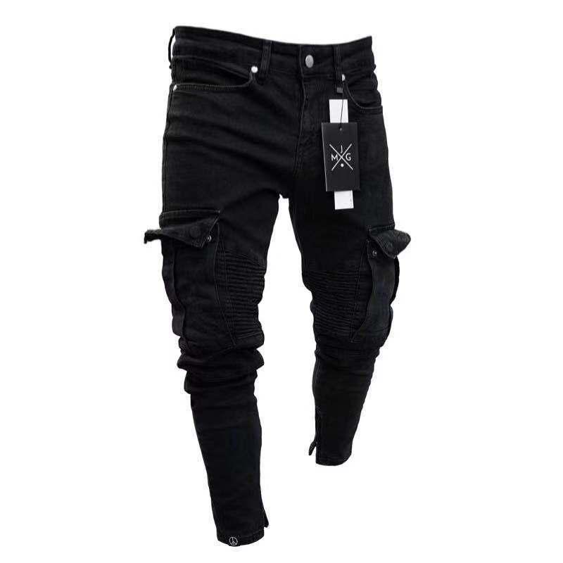 Spring Autumn Winter Men's Stretch Jeans Black Large Side Pocket Worker Jeans Fashion Zipper Skinny Jeans Stretch Jogging Pants Menswear Streetwear Trouser Denim 3