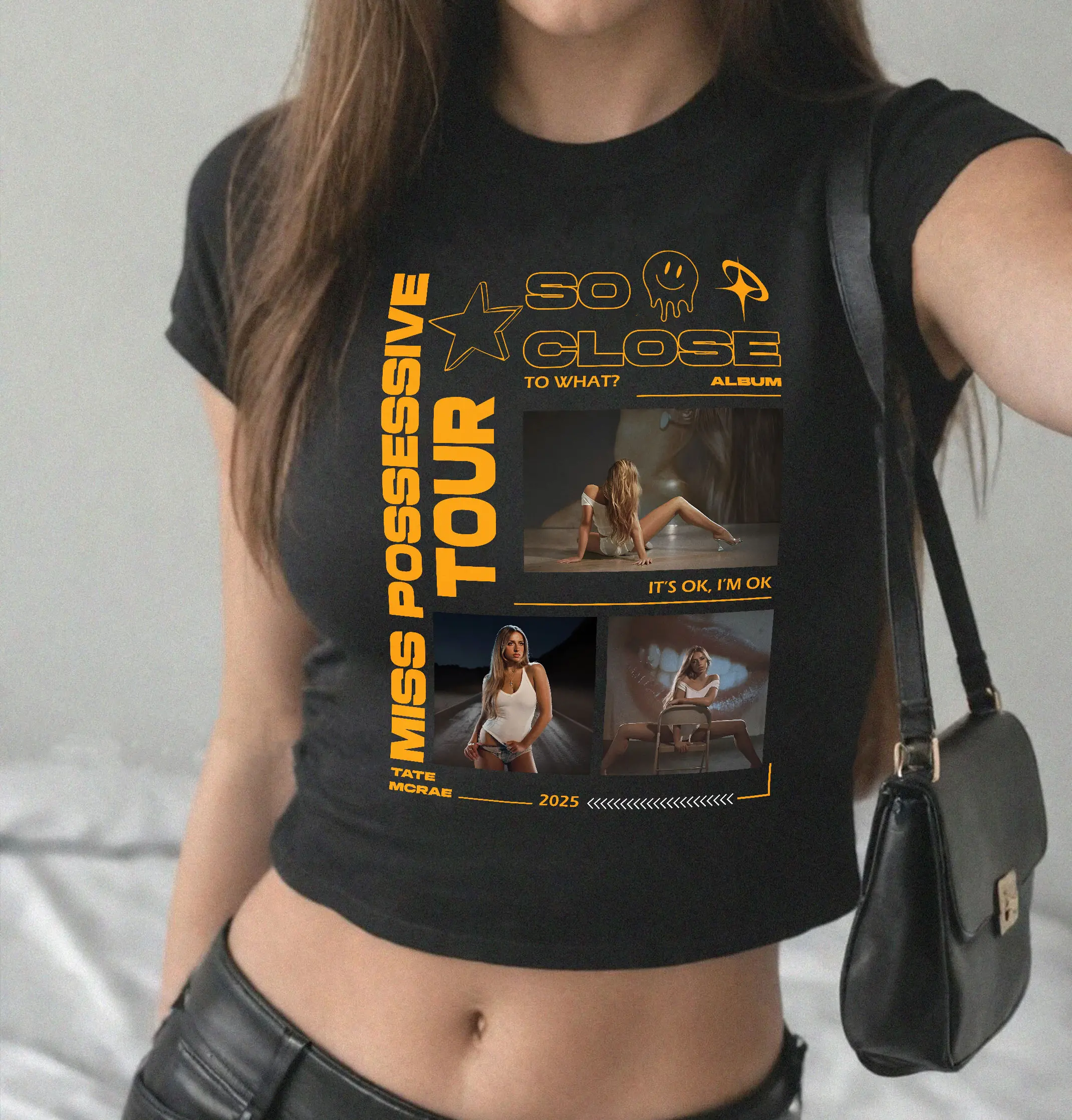 Tate McRae Merch, So Close To What Baby Tee, Miss Possessive Tour Baby Tee