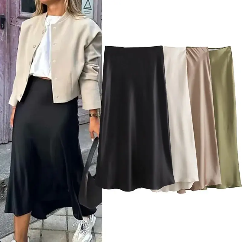 2025 Black Satin Skirt Woman High Waist Elegant Long Skirts For Women Fashion Summer Midi Skirt Office Women's Skirts