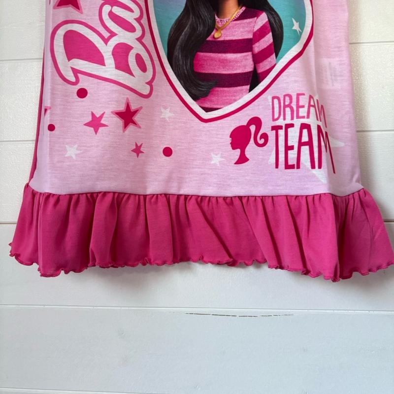 Barbie Doll Nightdress Nighty Girls Nightie Nightwear Pyjamas Pjs Nightwear Sleepwear Kids Toddler Childrens Character Pink Short Sleeve Night Dress Hearts Frill 2