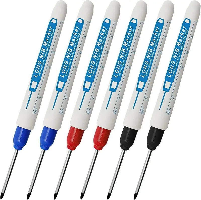 6PCS Long Head Deep Hole Marker Carpenters Pens, 30mm Extra Long Reach Pen Fine Tip Permanent Marker Pens Hole Marker Tool for Permanent Marking of Hard to Reach Areas (Black Blue Red) 0