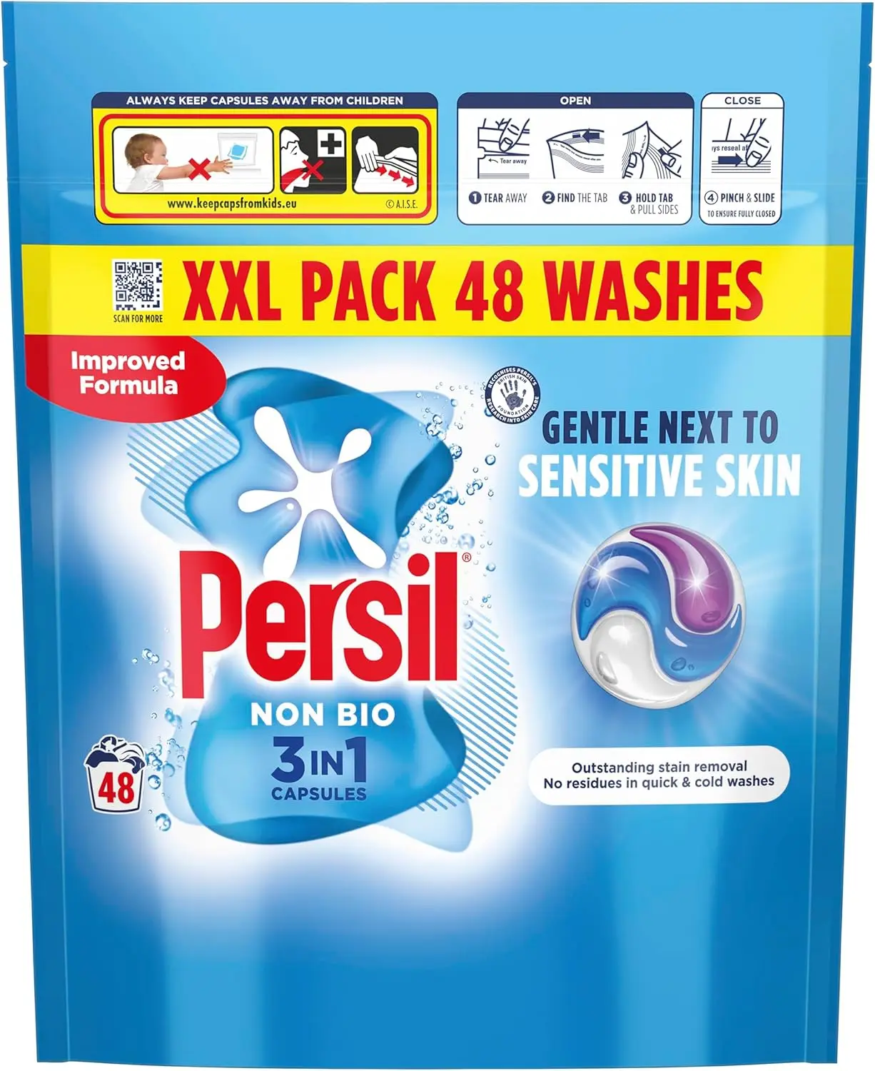 3 in 1 Washing Capsules laundry capsules gentle next to sensitive skin for outstanding stain removal in quick & cold washes 48 washes