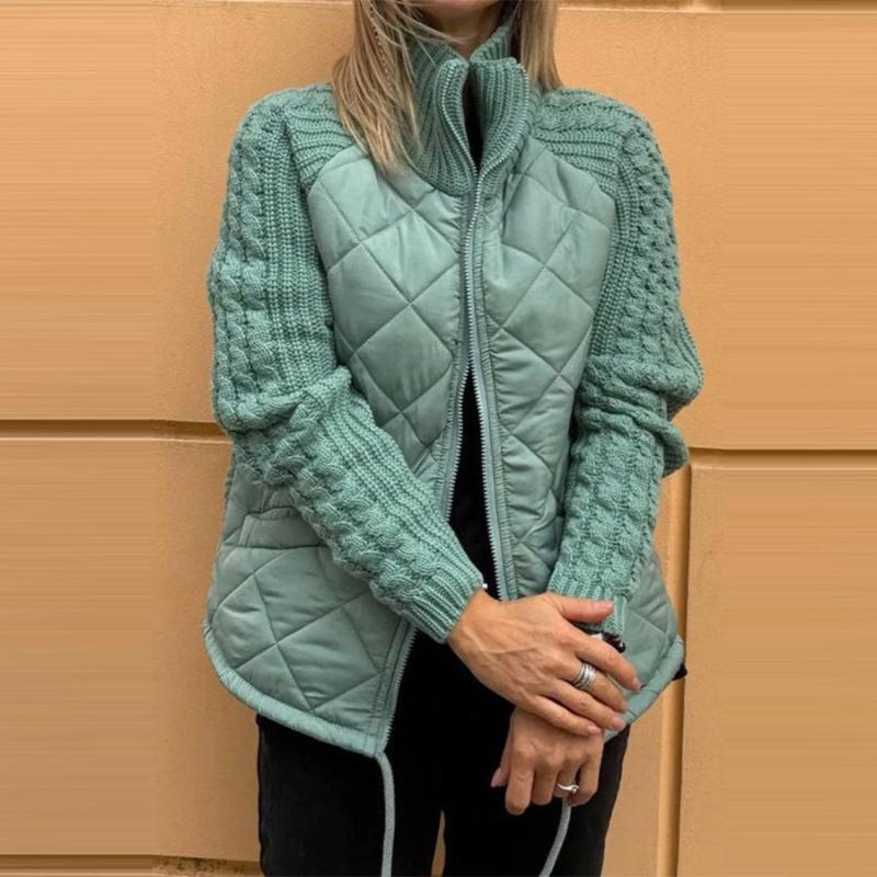 Women Stand Collar Fashion Knitted Stitching Jacket Womenswear coat solid minimalist Fabric Knitwear Army Check Garment Hoodie 5