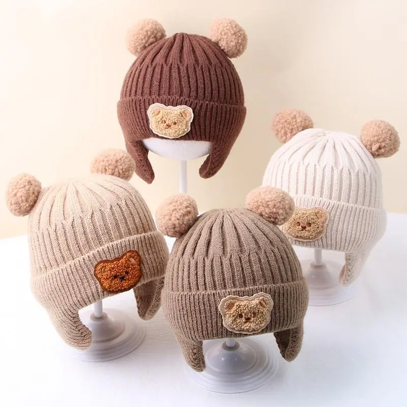 1pc Winter Baby Beanie Cap - Cartoon Bear Ear Protection Knitted Hat For Toddler Boys & Girls - Soft & Warm Wool Blend - Perfect for Cold Weather - Ideal Gift for Baby Shower 3