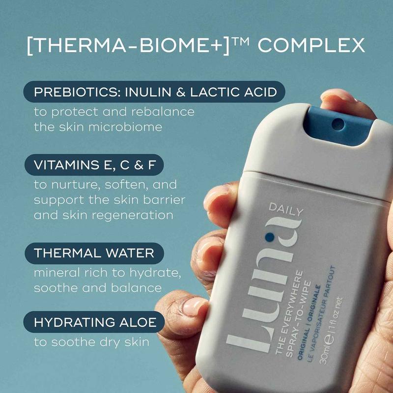 The Everywhere Spray-To-Wipe Mini + Lanyard Set - Full body cleansing spray. Powered by our [THERMA-BIOME+] complex: thermal water, prebiotics & vitamins. Go hands free with our lanyard for travel, festivals, summer trips & everywhere else. 7