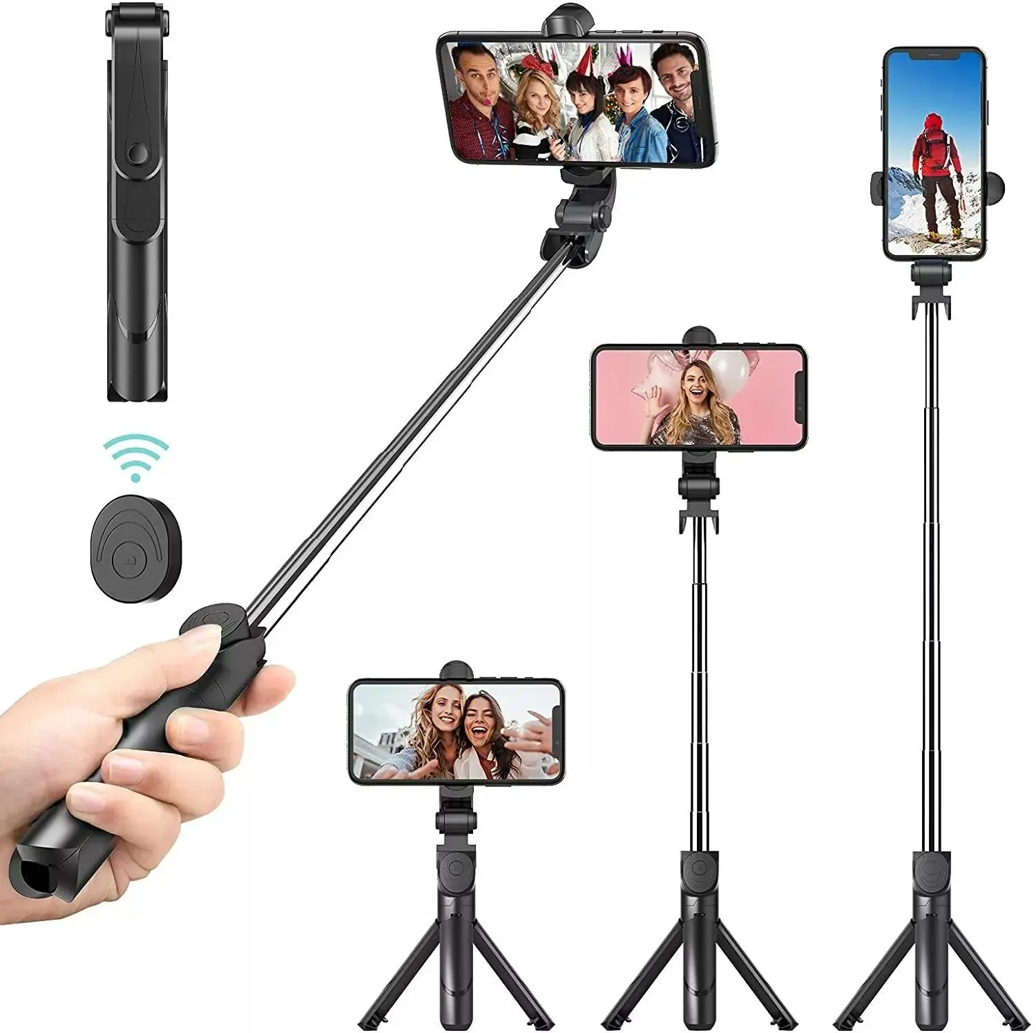 Telescopic Selfie Stick with Bluetooth Remote and Phone Holder for Smartphones - Aluminum Alloy & Plastic, Black
