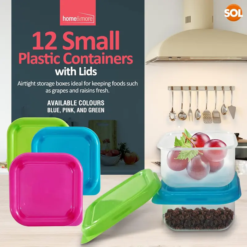 12 Small Plastic Containers with Lids 80ml, Stackable Small Food Containers W6 x D6 x H4 cm, Airtight Colourful Small Storage Containers, Kitchen Storage Small Tubs with Lids Set 2