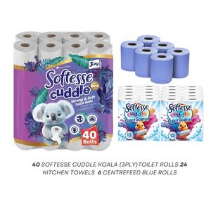40 SOFTESSE Cuddle Koala Toilet Rolls (3Ply), 24 Kitchen Towels, 6 Blue Rolls - Luxury Quilted, Flushable, Eco-Friendly, Sustainable