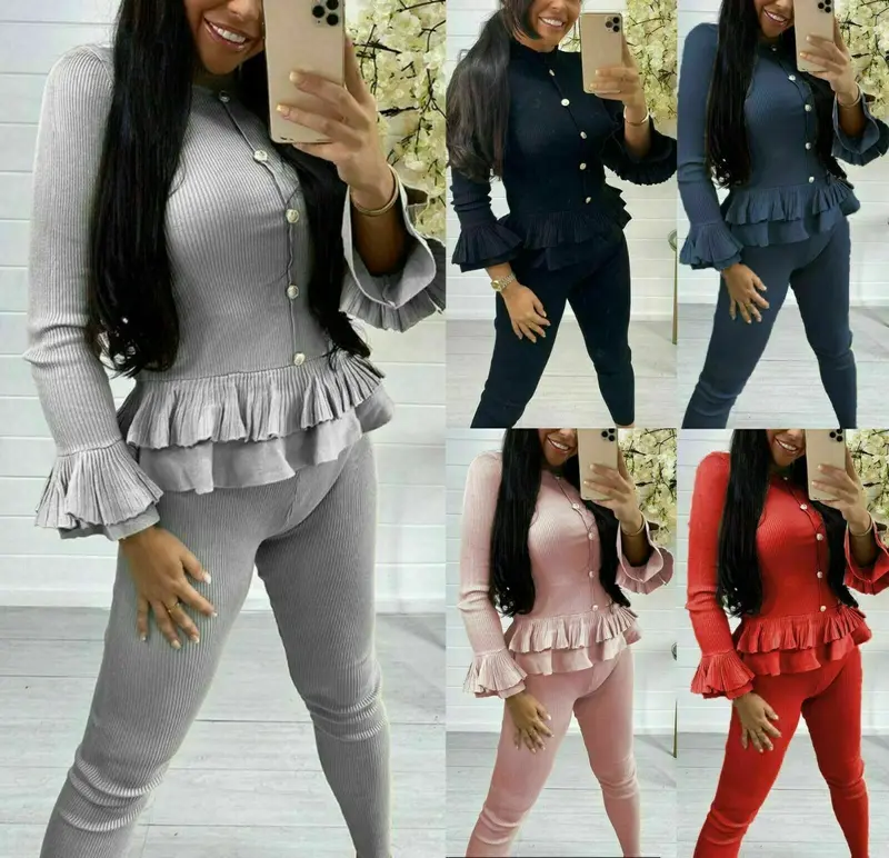 Ladies Fine Ribbed Frill Peplum Gold Button Loungewear Suit Women Tracksuit Set Fashion Womenswear Polyester Top Bottom Fabric High Waist 3