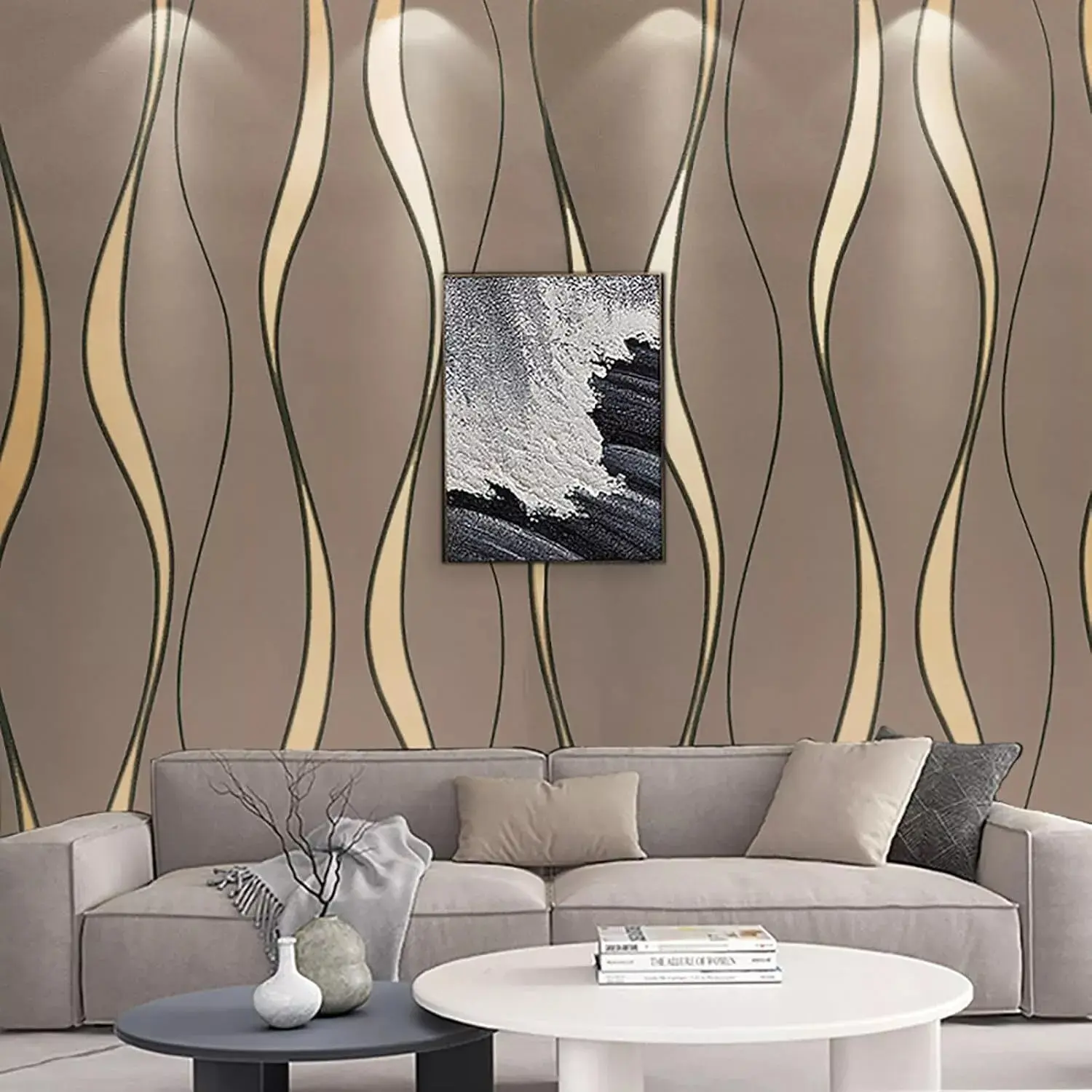 3D Wave Striped Glitter Effect Wallpaper Coffee Gold Wall Paper For Living Room
