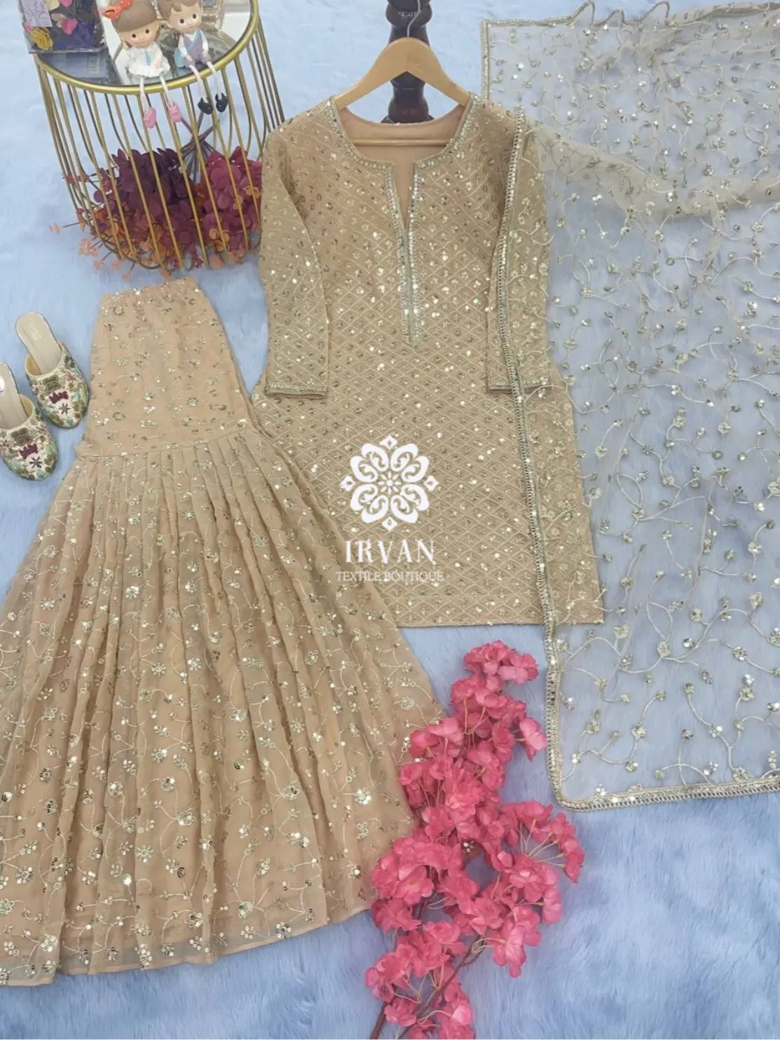 Georgette With Heavy Embroidery Readymade Stitched Gharara Palazzo Sharara Top for Eid Ramadan Festive Outfit, Gold Kurti Salwar Kameez