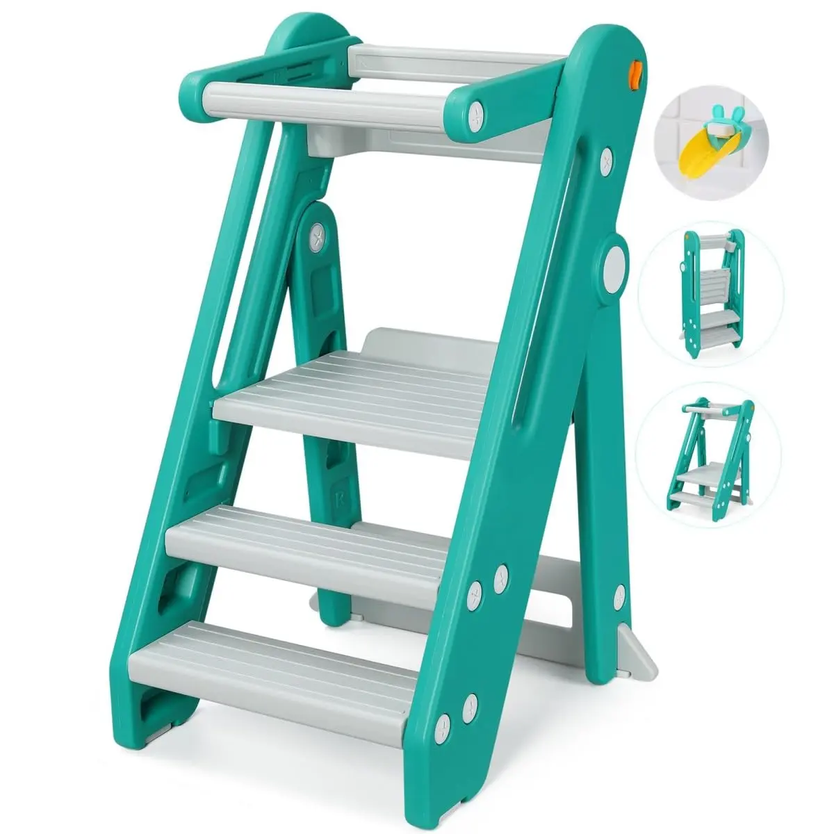 Onasti Toddler Learning Tower, Folding toddler kitchen step stool, standing tower for kitchen counter bathroom, Adjustable Height, Safety bar (Green)