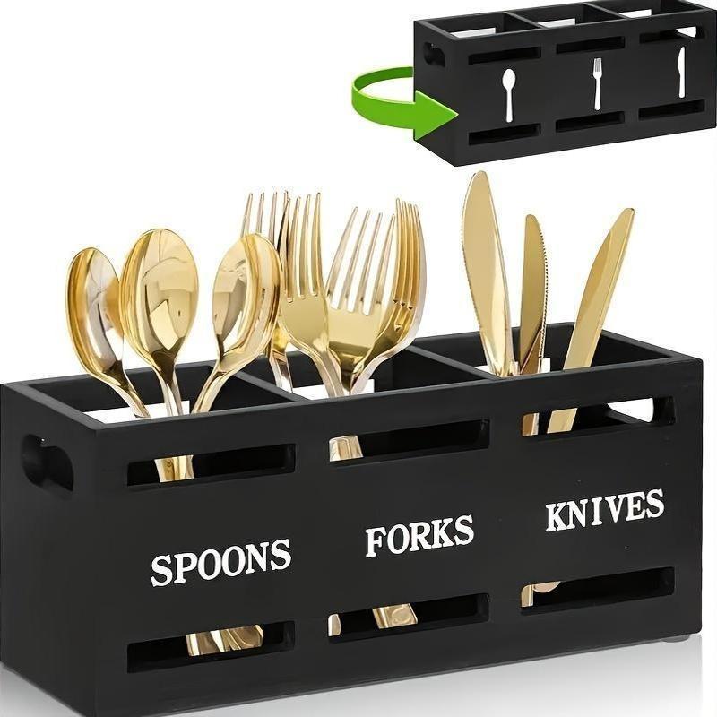 Rustic Wooden Kitchen Utensil Holder with Sturdy Iron Handle - 3-Compartment Organizer for Spoons, Forks, Knives - Perfect for Home & Restaurant Storage Kitchen Knives Knife 5