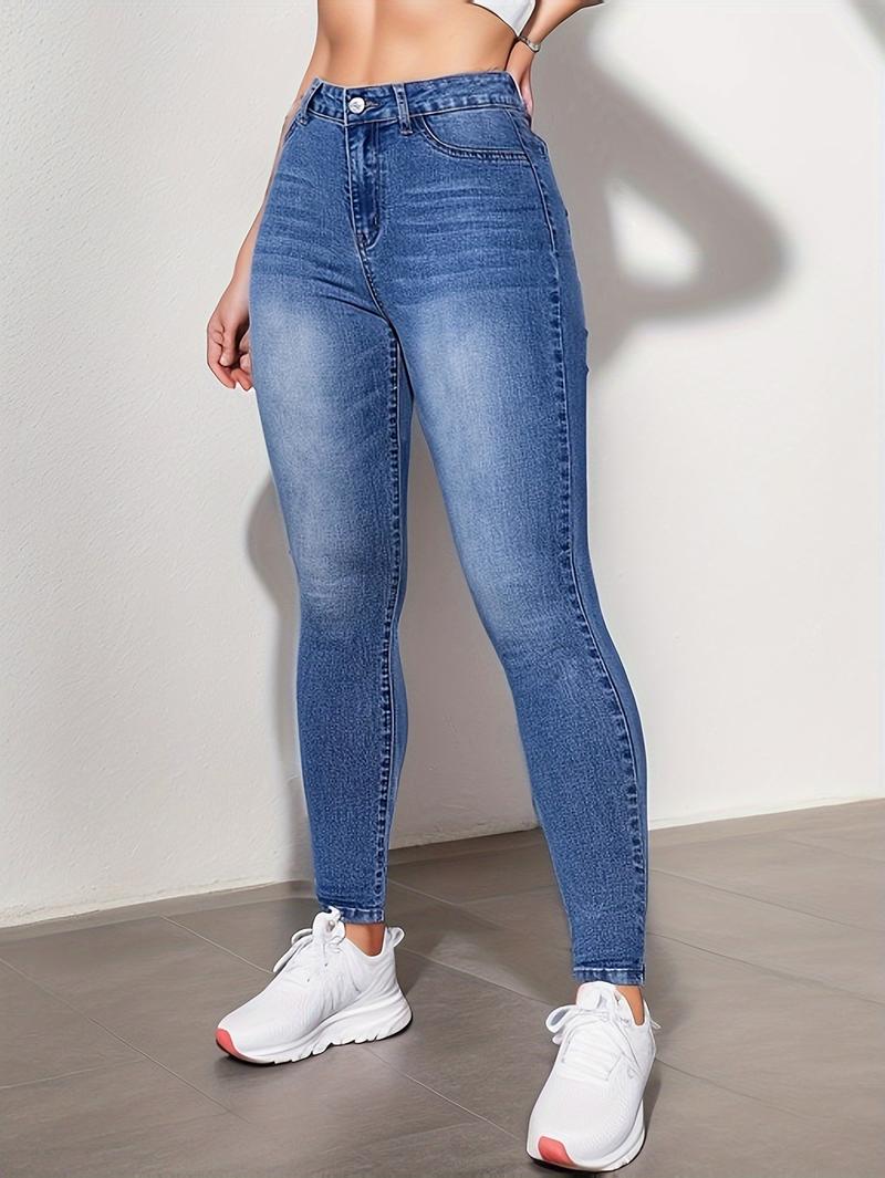 Product Introduction of Women's High-Waisted Skinny Jeans, Stretch Denim, Casual Style, Classic Blue, Full Length Pants, Fashionable Everyday Wear 14