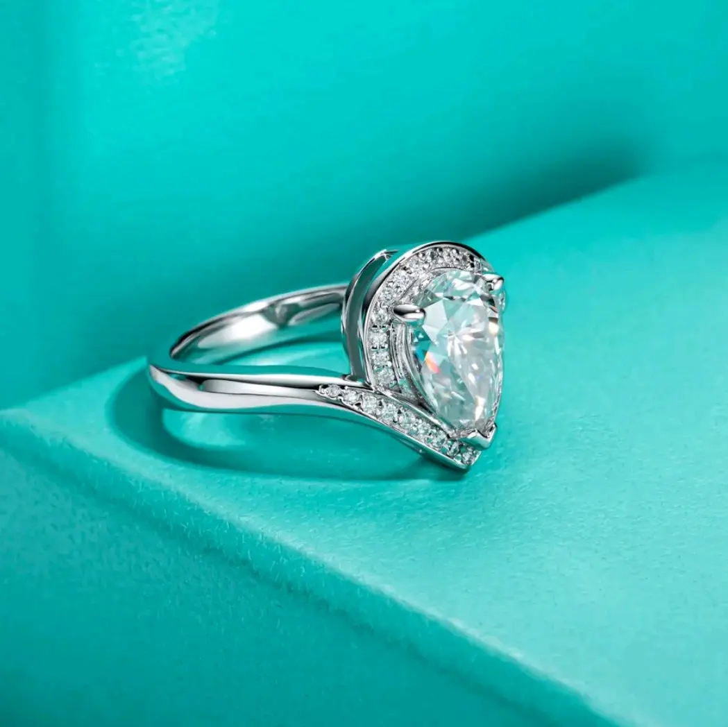 2.5ct D VVS1 Pear Shaped Moissanite Ring with GRA Certificates - 18k White Gold Vermeil Plate over 925 silver.