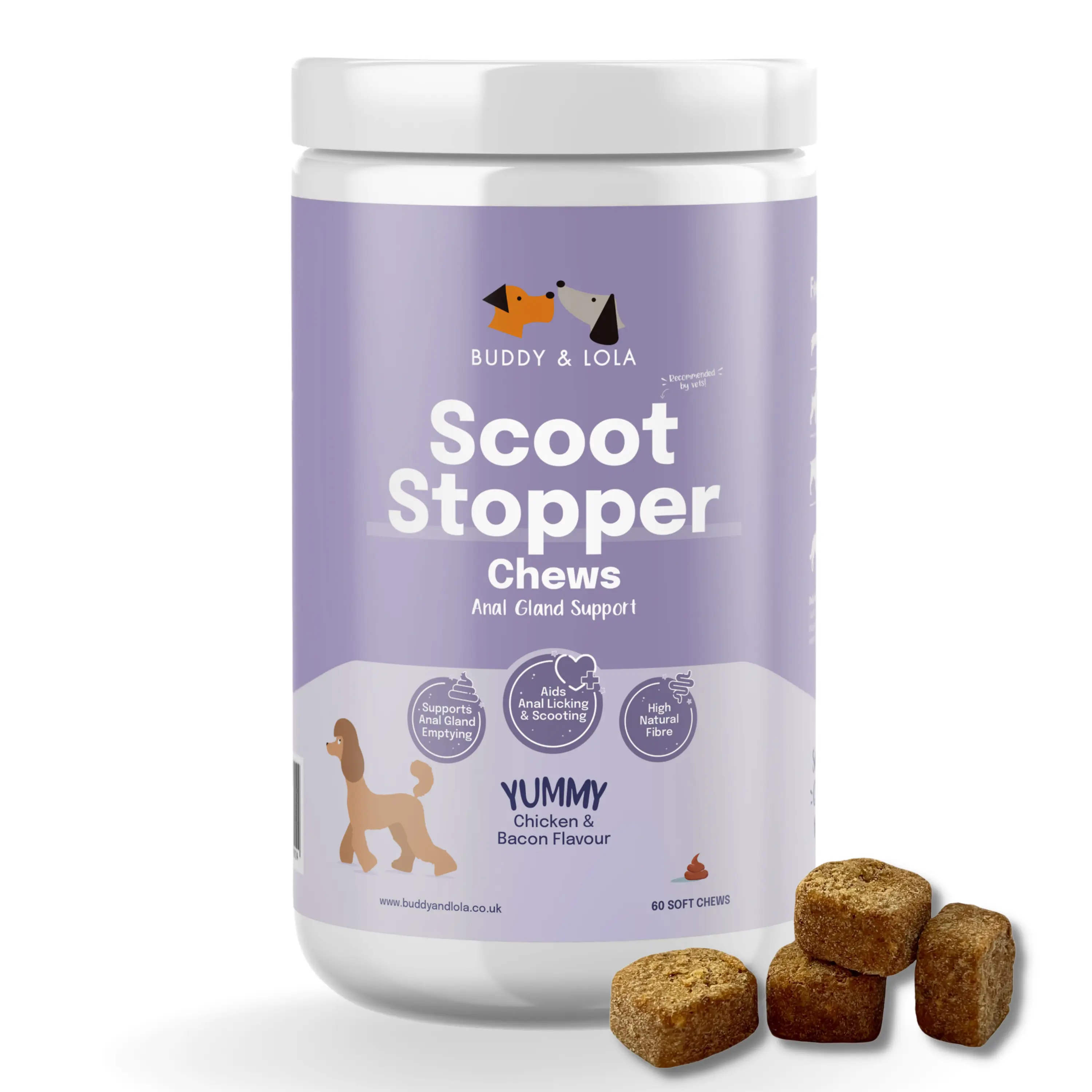 Buddy & Lola | Scoot Stopper Gland Chews For Dogs | High Fibre Soft Chews To Help Stop Scooting | Natural Fibre Supplements For Dogs | Pumpkin, Dandelion Root, Beet Pulp | 60 Soft Chews | Made in the UK