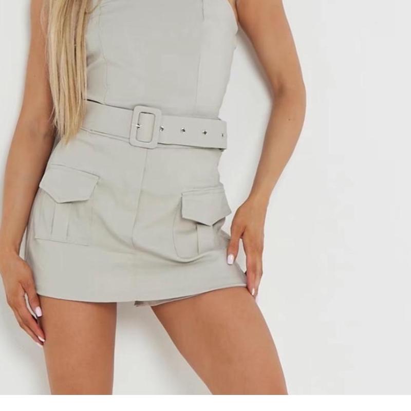 Womens Belted Dress  Playsuit Ladies Combat Cargo Pocket Sleeveless Scoop Neck Short Mini Bodycon Party Dress Comfortable Elegant Womenswear v neck plain 5